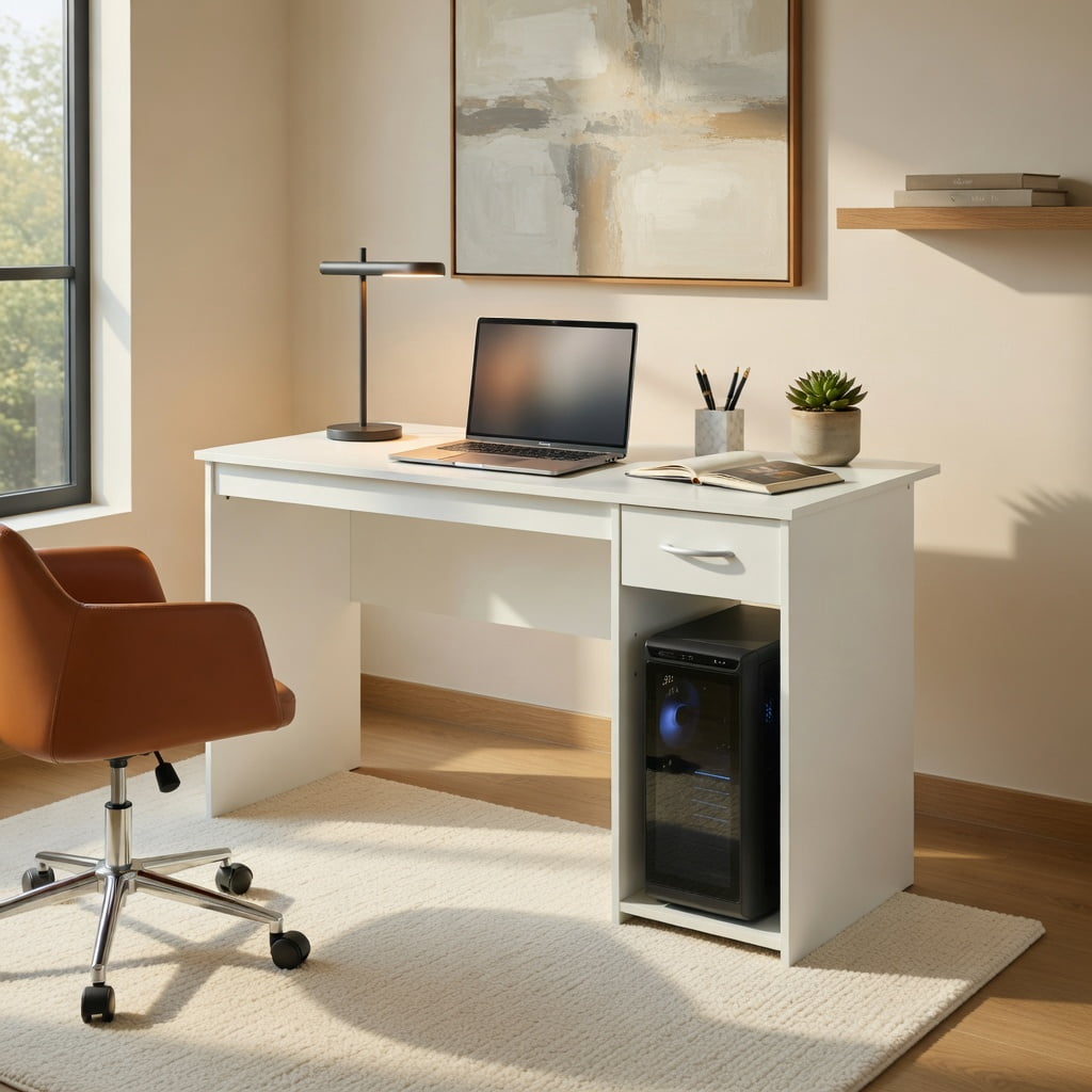 Spaco Computer Desk with Drawer Modern Laptop PC Desk with Adjustable Shelf and Cable Hole-White, Office Desk, Gaming Computer Desks for Study,Working,Writing