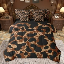 jejeloiu Cute Leopard Print 7 Pieces Bedding Comforter Set,Cartoon Cheetah Pattern Full Bedding Set,Brown Black Fitted Sheet Flat Sheet For Adults,Ultra Soft Home Decor Reversible