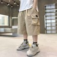 thumbnail image 4 of Short Cargo Ample pour Garçon Jambe Droite Short Cool Poche à Rabat Short à Lettres Patchées Kaki 8-9 Ans, 4 of 8
