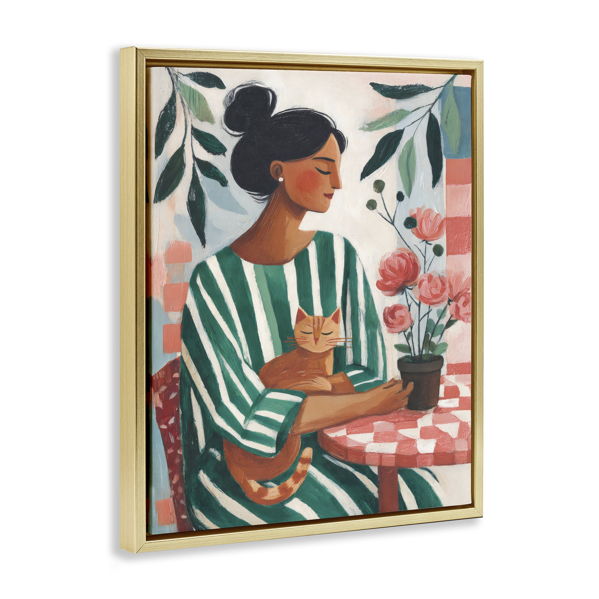 Stupell Industries Cat Lady in Striped Dress Gold Framed Floater Canvas Wall Art, design by Sisi and Seb