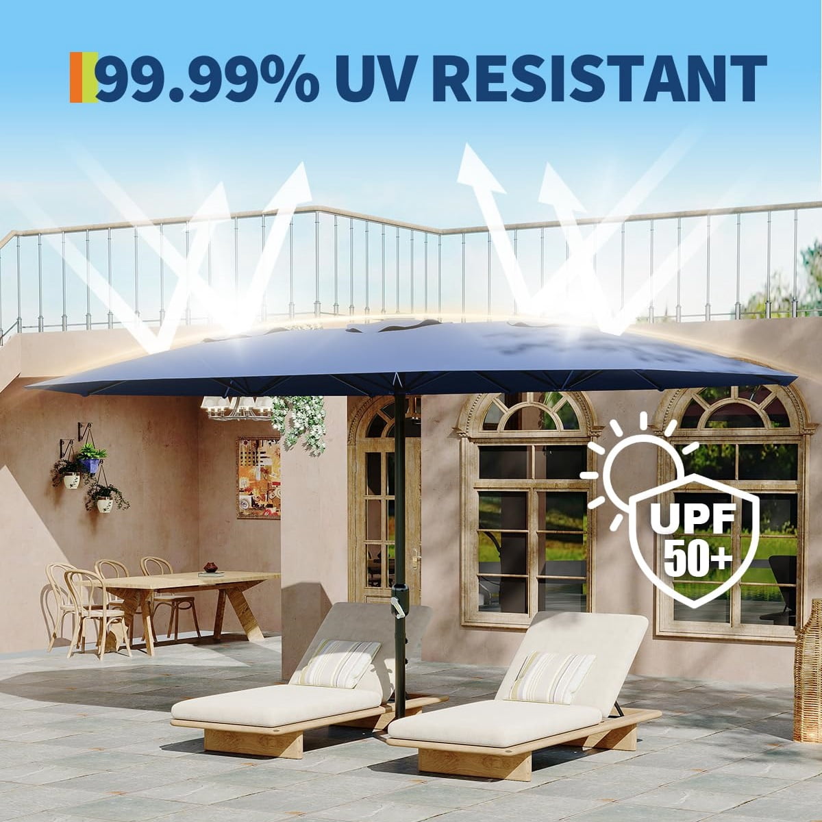 WildBreak Triple Size Large Patio Umbrella, with Crank Handle, Double-Sided, 13' x 6.5', Blue