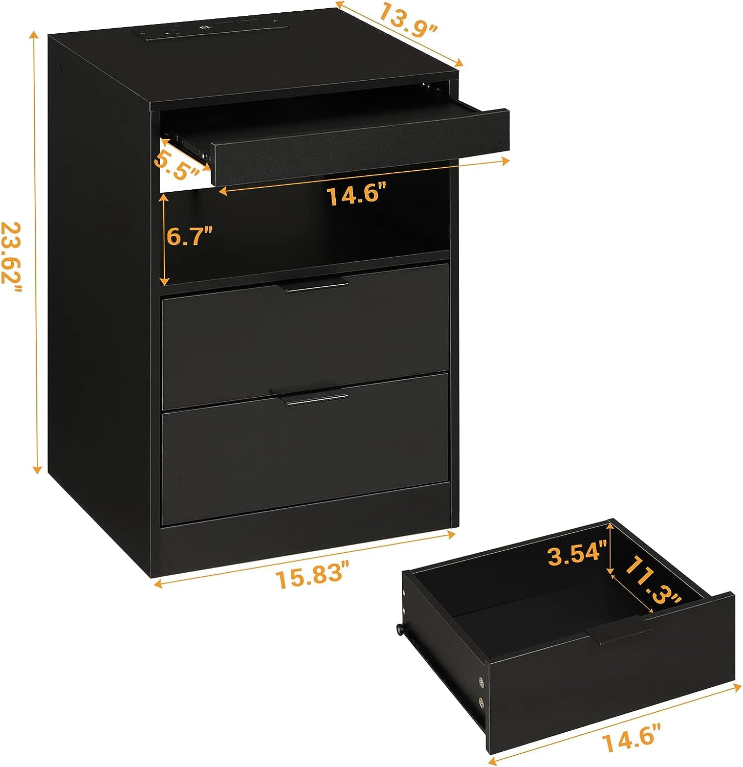 Amuzer Nightstand with Drawers, End Table with Wireless Charging Station, Side Table with LED Lights, Black