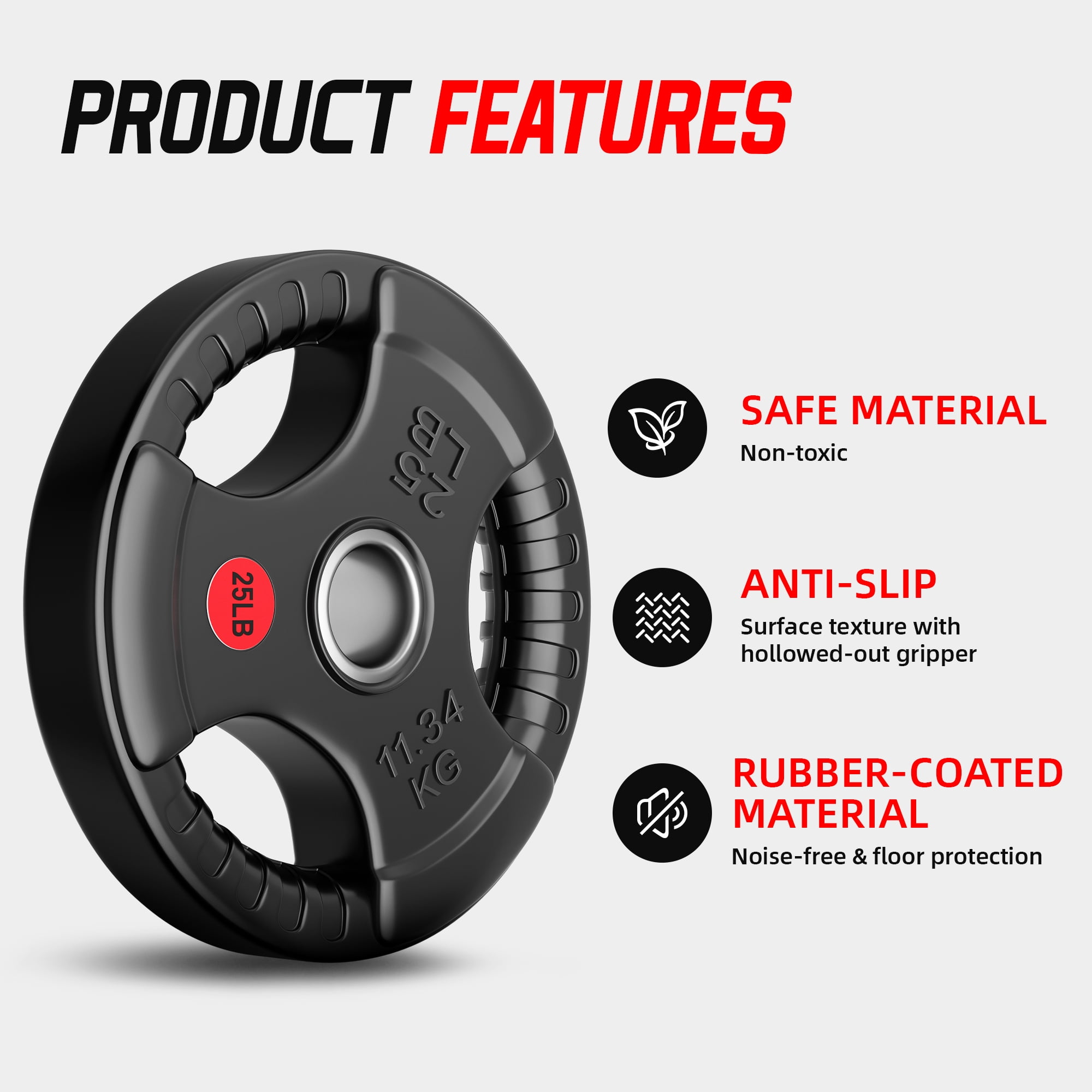 Signature Fitness 3-Grip Olympic Rubber Weight Plates, 2.5LB–45LB, Black with Red Label, Pair or 4-Pack