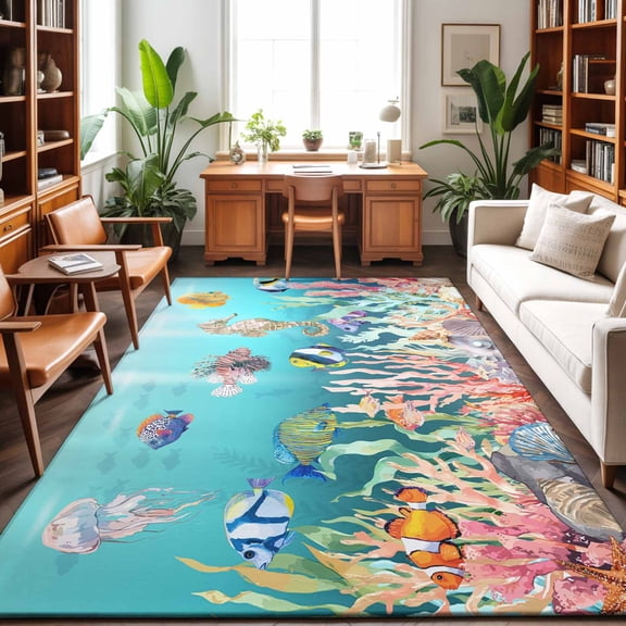 Area Rugs 5'x7', Seahorse Coastal Carpet Runner Indoor Outdoor Rugs Home Decor Aesthetic, Nautical Ocean Summer Blue Teal Coral Shell Non Slip Mats Washable Accent Rug for Living Room Bedroom