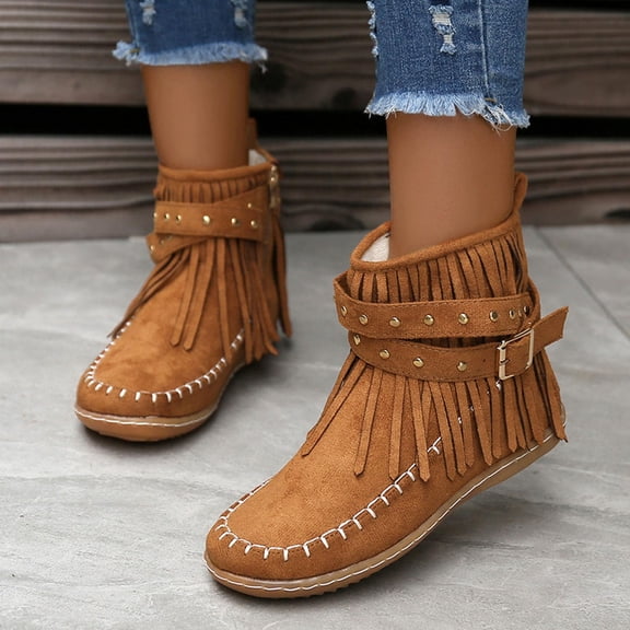 Willtoo Women's Western Cowboy Boots, Fringe Faux Suede Boots Retro Round Toe Fringe Buckle Strap Ankle Boot Low Heel Rome Flat Shoes Knight Booties Shoes Brown