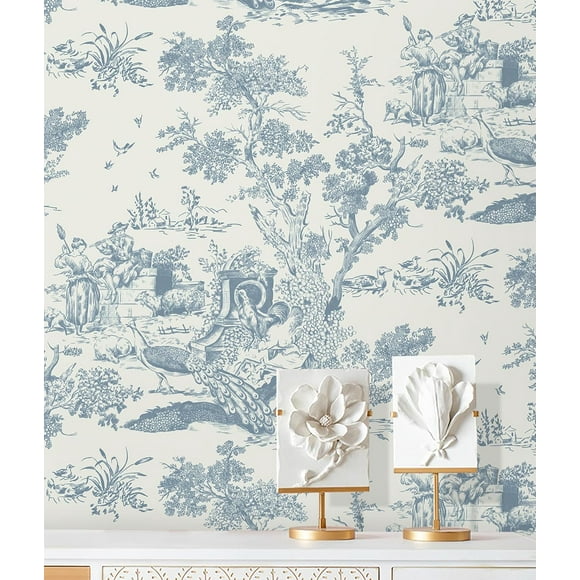 shiyou-Peel and Stick Wallpaper Vintage Wallpaper Toile Contact Paper White and Blue Wallpaper Self Adhesive Removable Wallpaper for Bedroom Cabinets Walls Covering 16"×118"