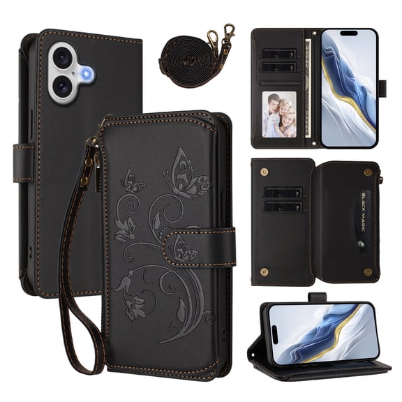 Phone Case for iPhone 16 Wallet Cell Cover with Wrist & Shoulder Strap, Embossed Flower Flip Zipper Card Holder Slots Stand PU Leather Wallet Case for Women Girls Men Women, Black