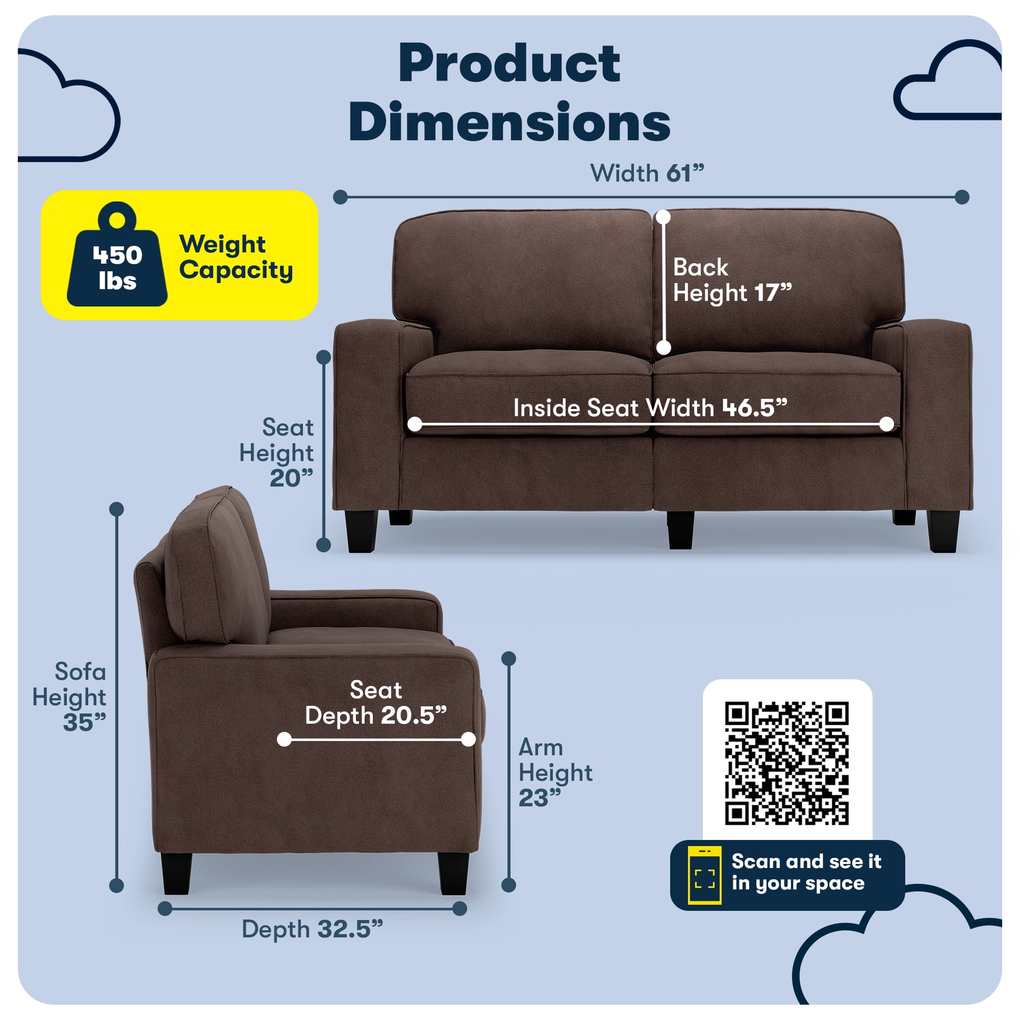 Serta Palisades 61" Track Arm Sofa, Easy Care Polyester, Loveseat or Couch for Small Spaces, Dark Brown