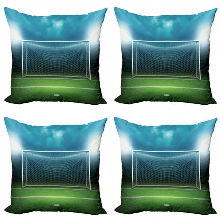 Soccer Throw Pillow Cushion Case Pack of 4, Soccer Goal Post Sports Area Winner Loser Line Floodlit Best Team Finals Game Theme, Modern Accent Double-Sided Print, 4 Sizes, Green Blue, by