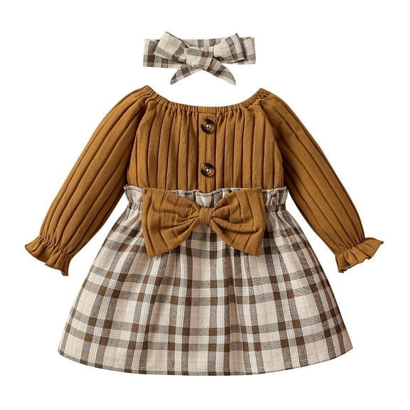 Utlike Girls Dresses Cute Ruffle Long Sleeve Plaid Round Neck Bowknot Party Dress Fall Winter Newborn Set With Bowknot Hair Band Cozy Sundress For Girl Size 12 Months-18 Months