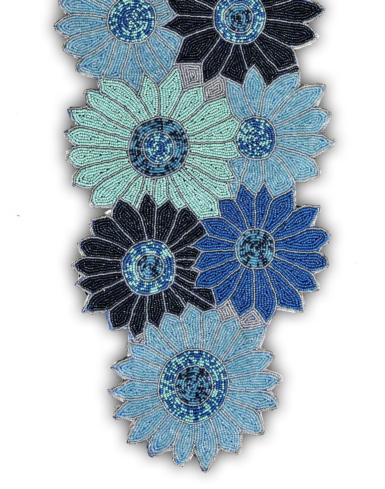 Handmade Beaded Table Runner, Blue Floral Table Runner, Spring Tableware 13X36 Inch