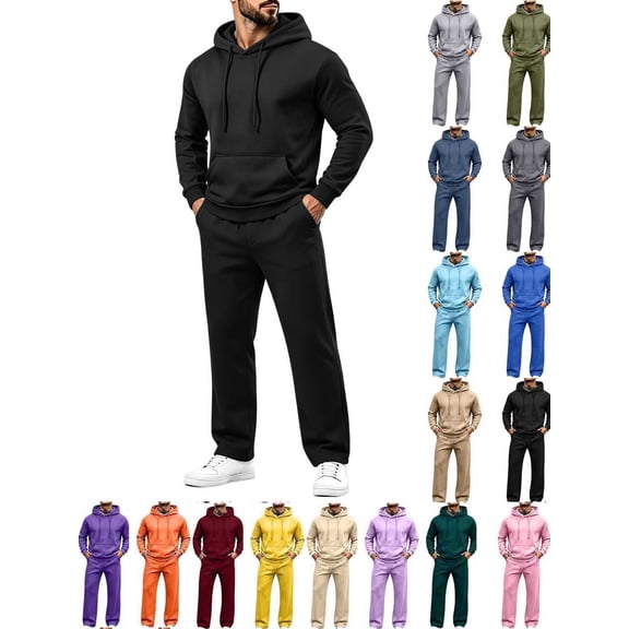 Hzzrkos Men Casual Loose Solid Color Long Sleeve Hooded Sweatshirt Elastic Waist Pants Set Athletic Style Pullover Hoodie Tracksuit Outfit Black