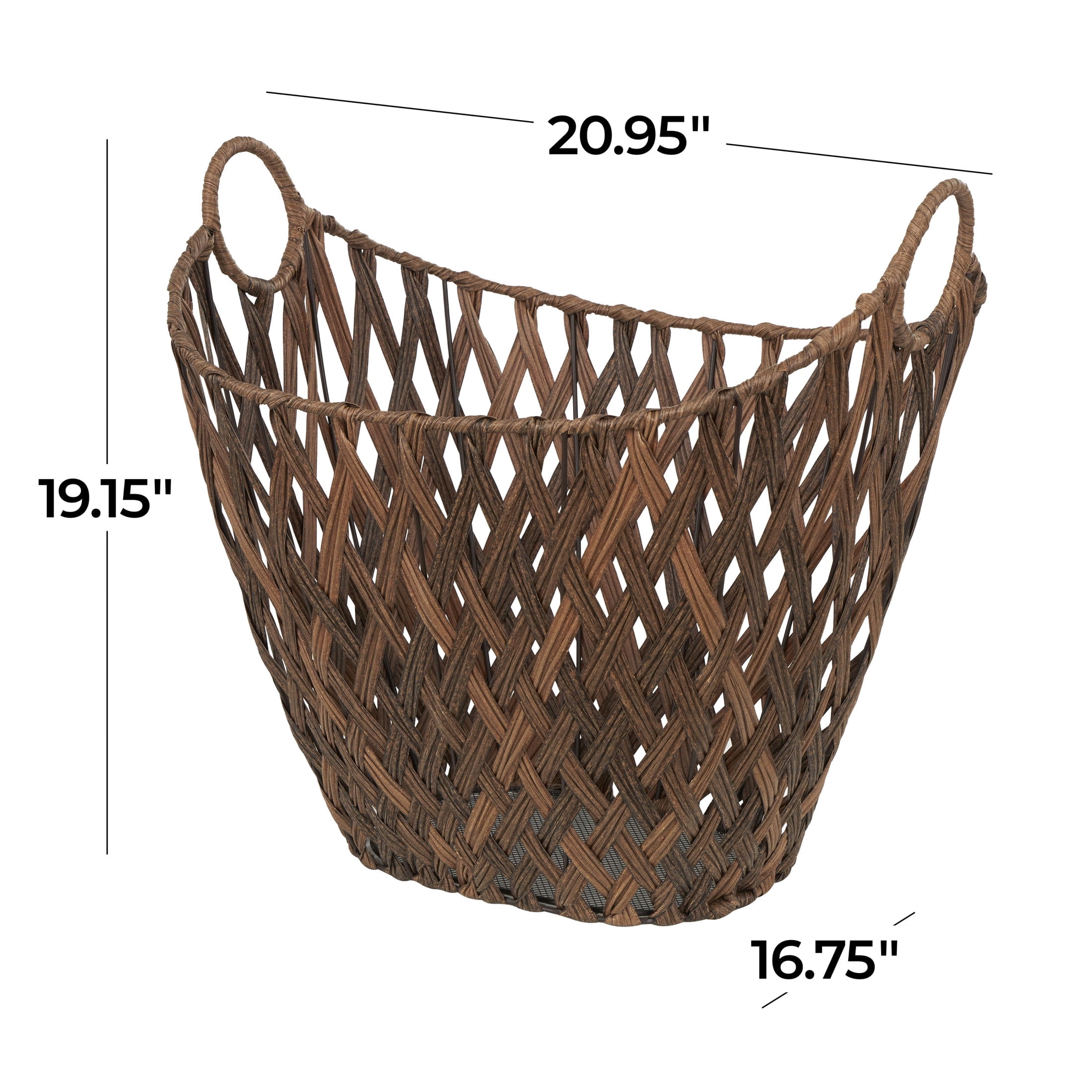 DecMode 21" x 19" Bronze Plastic Rattan Geometric Open Frame Woven Storage Basket with Ring Handles, 1-Piece