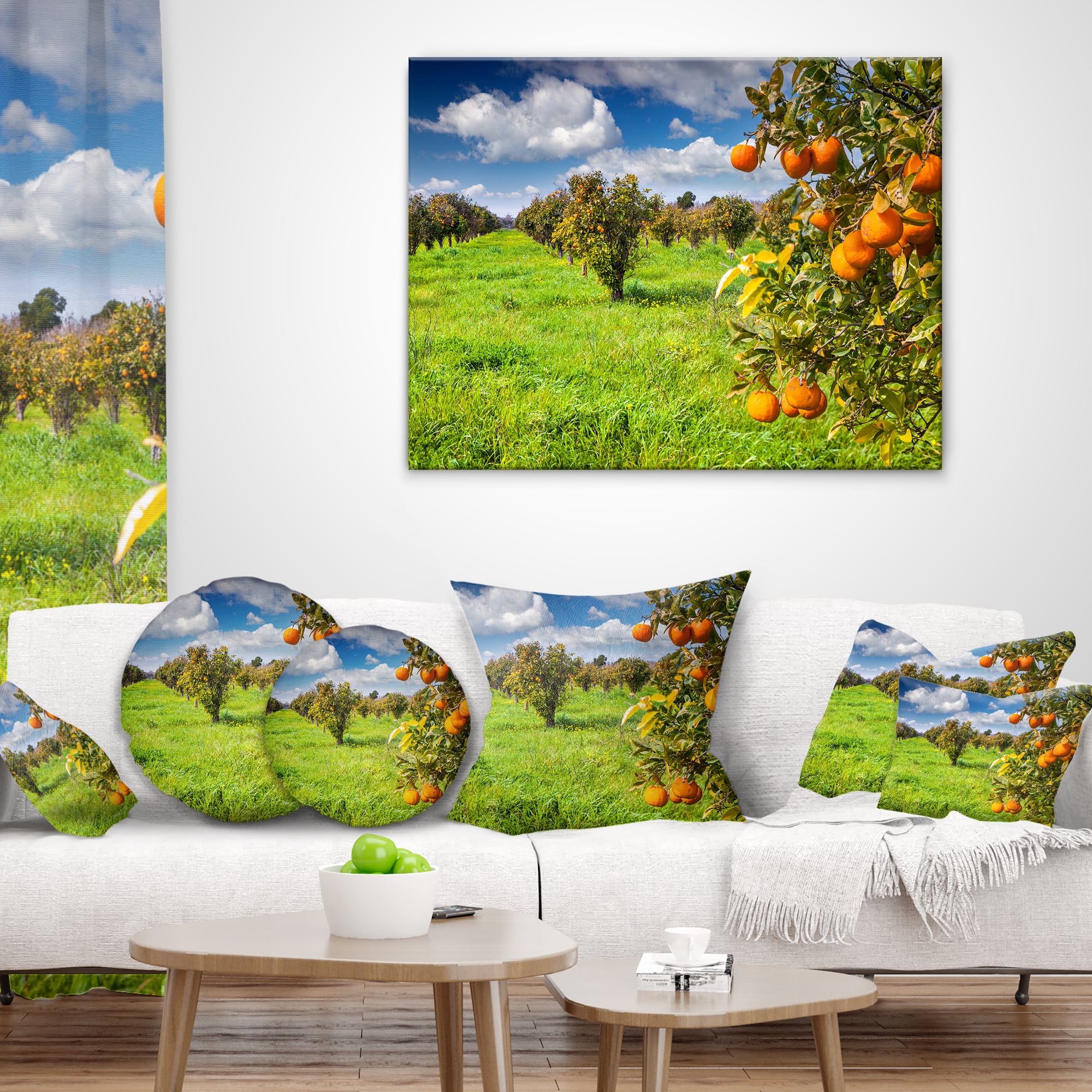 Designart Bright Green Grass in Orange Garden - Landscape Printed Throw Pillow - 18x18