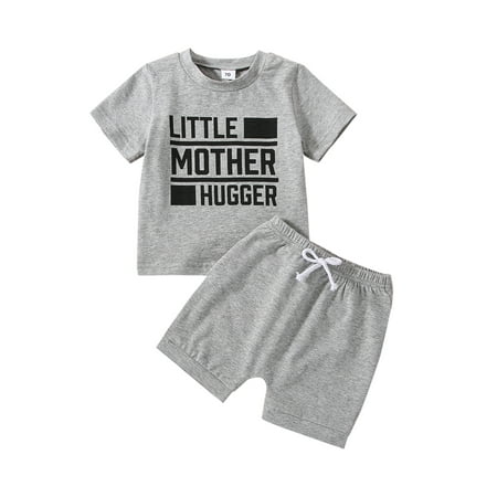 

Canrulo Newborn Baby Boys Summer Short Sleeve Letters Print T-Shirt Tops + Shorts Pants 2Pcs Outfits Gray 18-24 Months