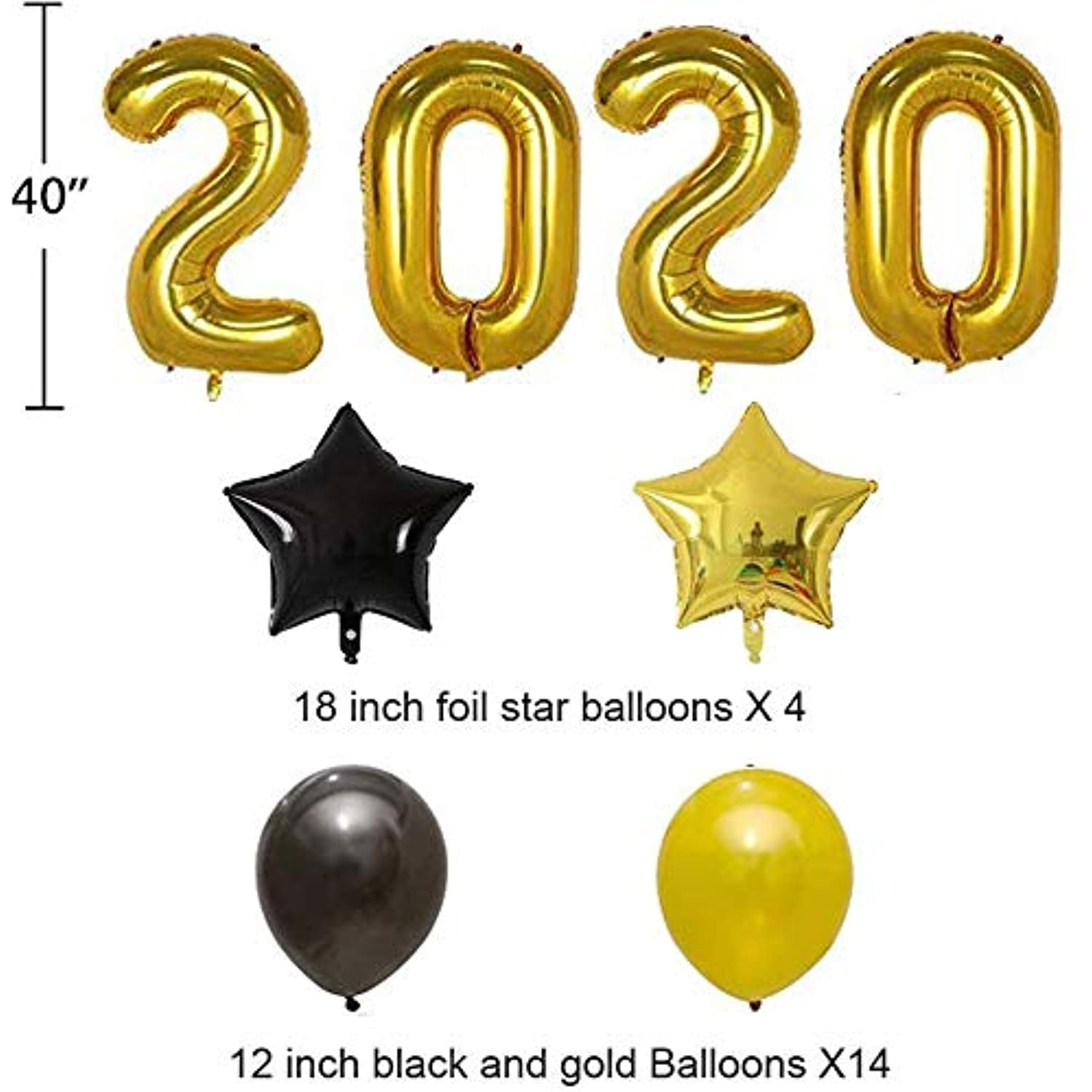 Graduations Party Supplies Kit Pack of 24 New Years Eve Party Supplies 2020 Worldoor Gold 2020 Balloons Decorations Banner Black Gold Star Mylar Foil and Latex Balloons