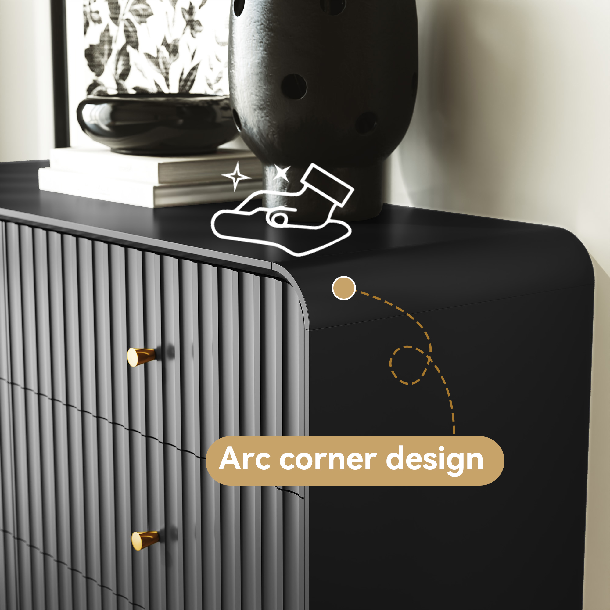 HLR 6 Drawers Dresser for Bedroom, 54'' W Modern Fluted Storage Chest of Drawers for Hallway, Black