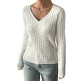thumbnail image 2 of Women Long Sleeve Cable Knit Sweater Fashion V Neck Fitted Pullover Top Business Casual Fall Outfits White L, 2 of 7