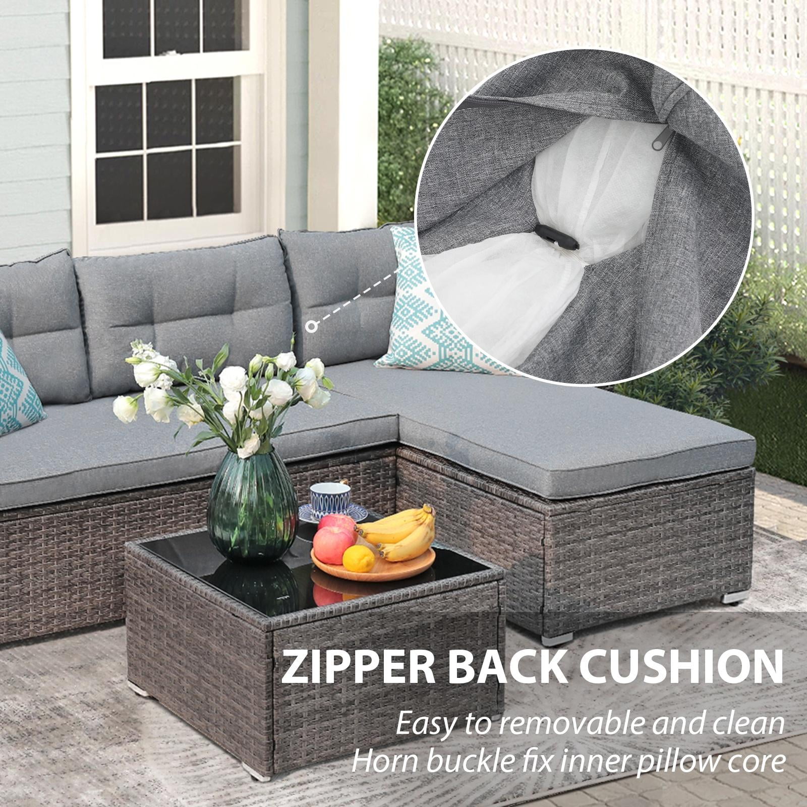 JOIVI 3 Pieces Patio Conversation Set, PE Wicker Rattan Outdoor Furniture Set, 2 Ways Small Sectional Sofa, Tempered Glass Coffee Table, Silver-Gray