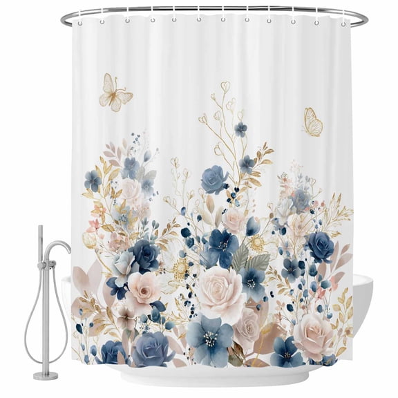 Navy Blue Spring Floral Shower Curtain Set - Small 36" x 72" Washable Bathtub Curtain with 12 Hooks, Elegant Pastoral Flowers Watercolor Waterproof Fabric Shower Curtains for Bathroom/Bathtub Décor
