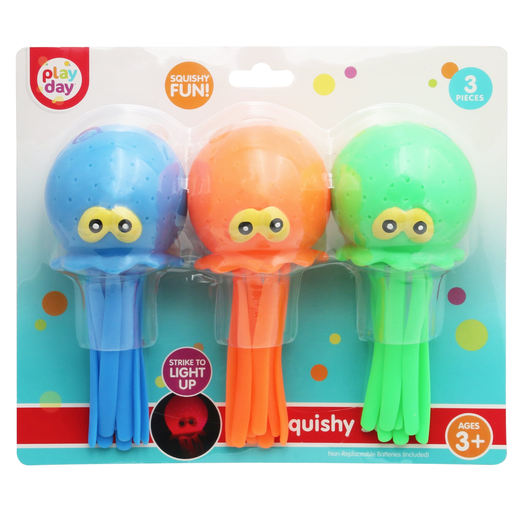 Play Day Squishy Squids Light-up Green Blue Orange Indoor-Outdoor Kids Water Play, Ages 3+, Unisex, 3 Pack