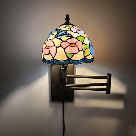 Tiffany Style Sconce Lamp Plug in Swing Arm Stained Glass Hummingbird Flowers LED Bulb Included 13”W*8”D*15”H