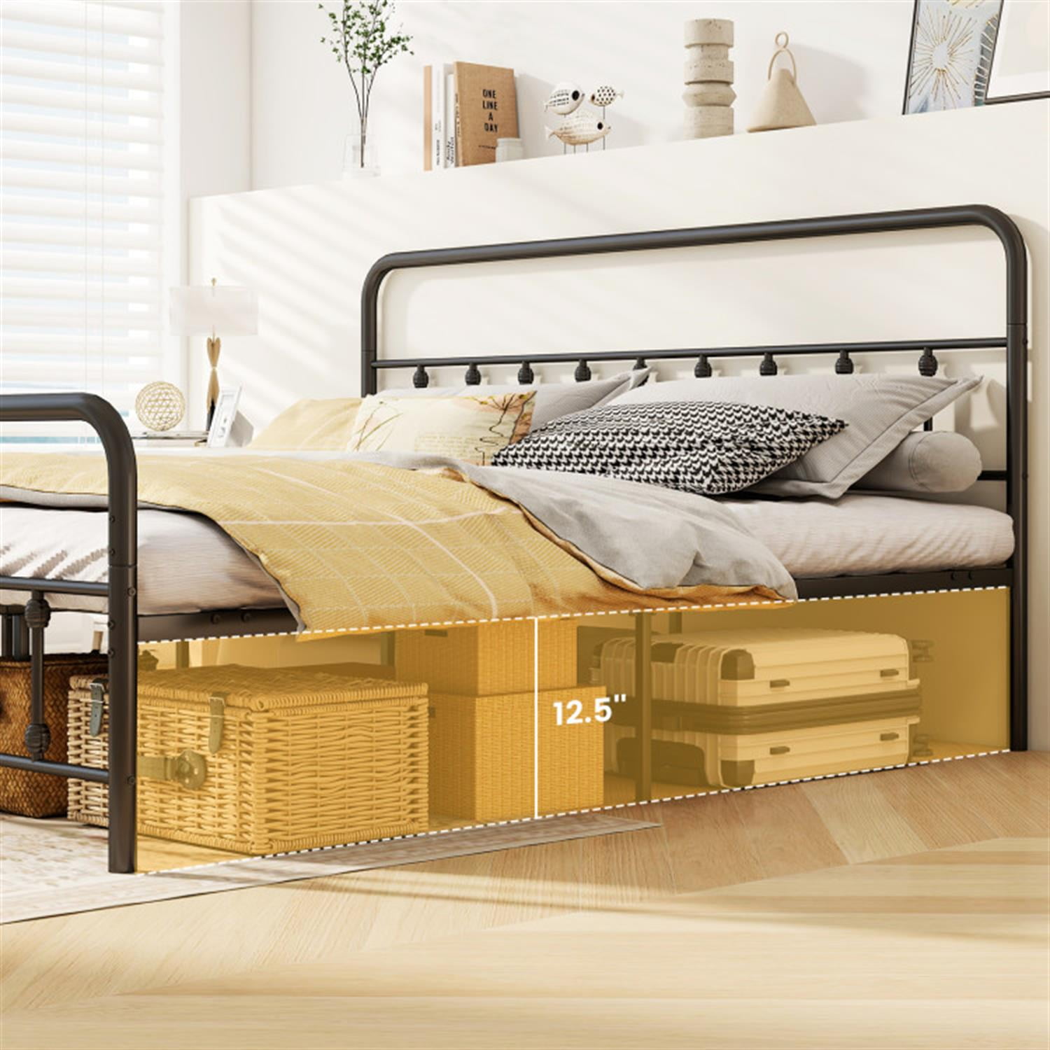 Demi Bonn King Size Bed Frame with Headboard, Metal Platform Bed Frame with Under Bed Storage, No Box Spring Needed, Black