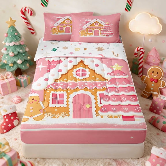 Manfei Gingerbread Zipper Twin Comforter Sets with Fitted Sheet and 2 Pillowcases Christmas Zipper Bedding Set, Gray Green, Xmas Reversible