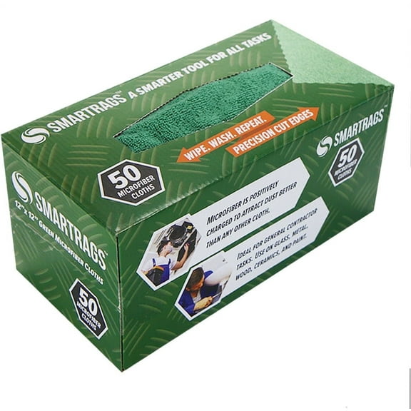 Arkwright Smart Rags Box of 50 Microfiber Cleaning Cloths, 12 x 12, Green