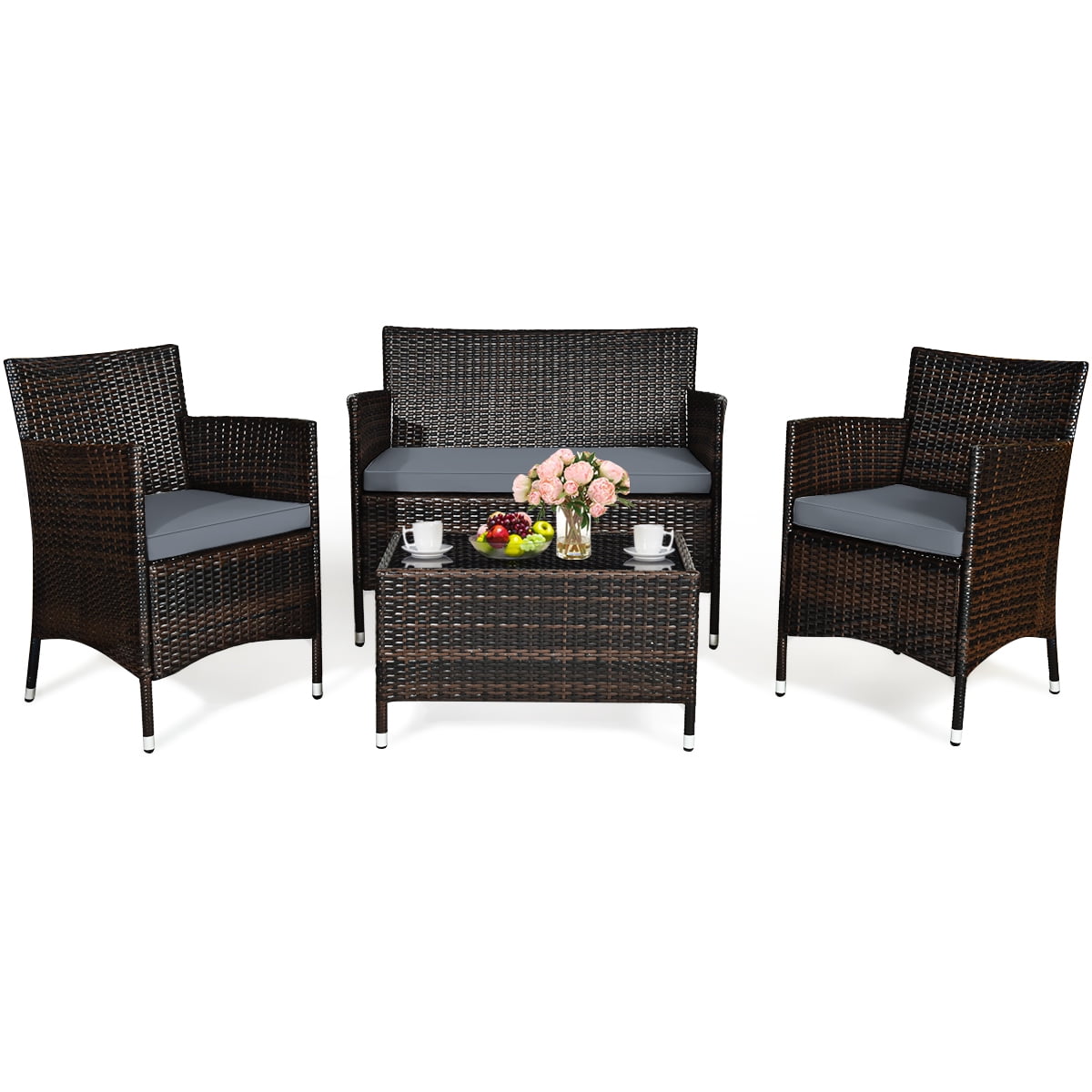 Costway 4PCS Outdoor Patio Rattan Furniture Set Table Shelf Sofa W/ Gray Cushions
