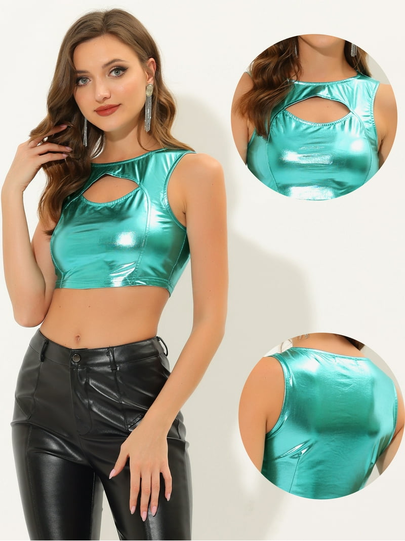 Unique Bargains Women's Shiny Metallic Crop Hollow-Out Tank
