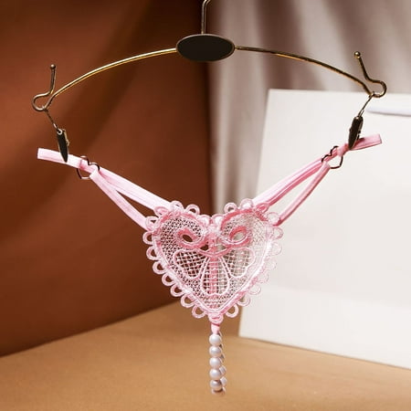 Women s Panties  Thongs for Women  Pearl G-String Panties Heart Print Panties  Low Waist Lace Crochet Hollow Out Briefs  Retro Pearl Love Thong  Pink