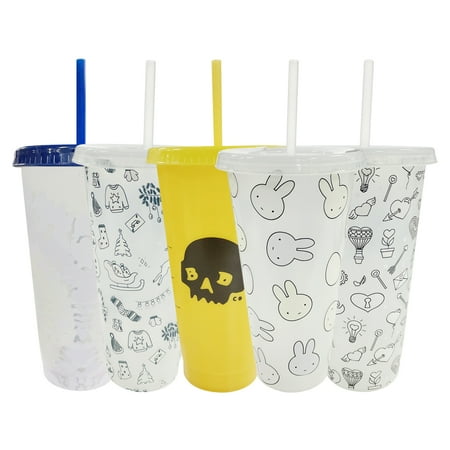 

Color Changing Cups with Lids and Straws 5 Pack 24 oz Plastic Cute Cup with Lids and Straws Bulk Kids Reusable Tumblers for Girls Boys Party Travel