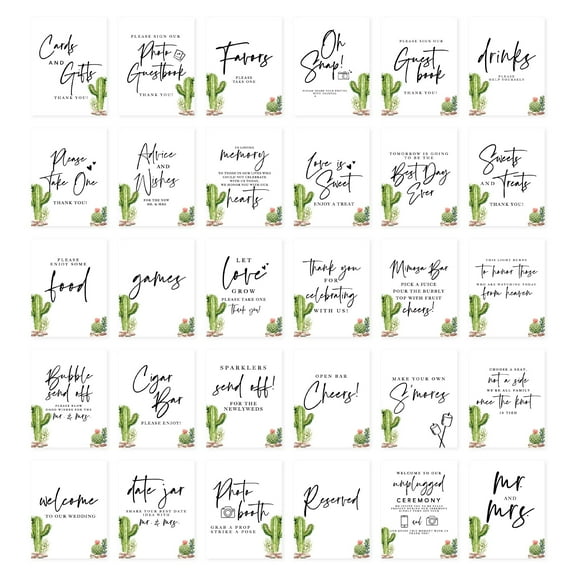 Koyal Wholesale Desert Cactus Vibes Wedding Signs Bundle Set for Ceremony, Reception Decor Signage, 8.5 x 11", 30-Pack