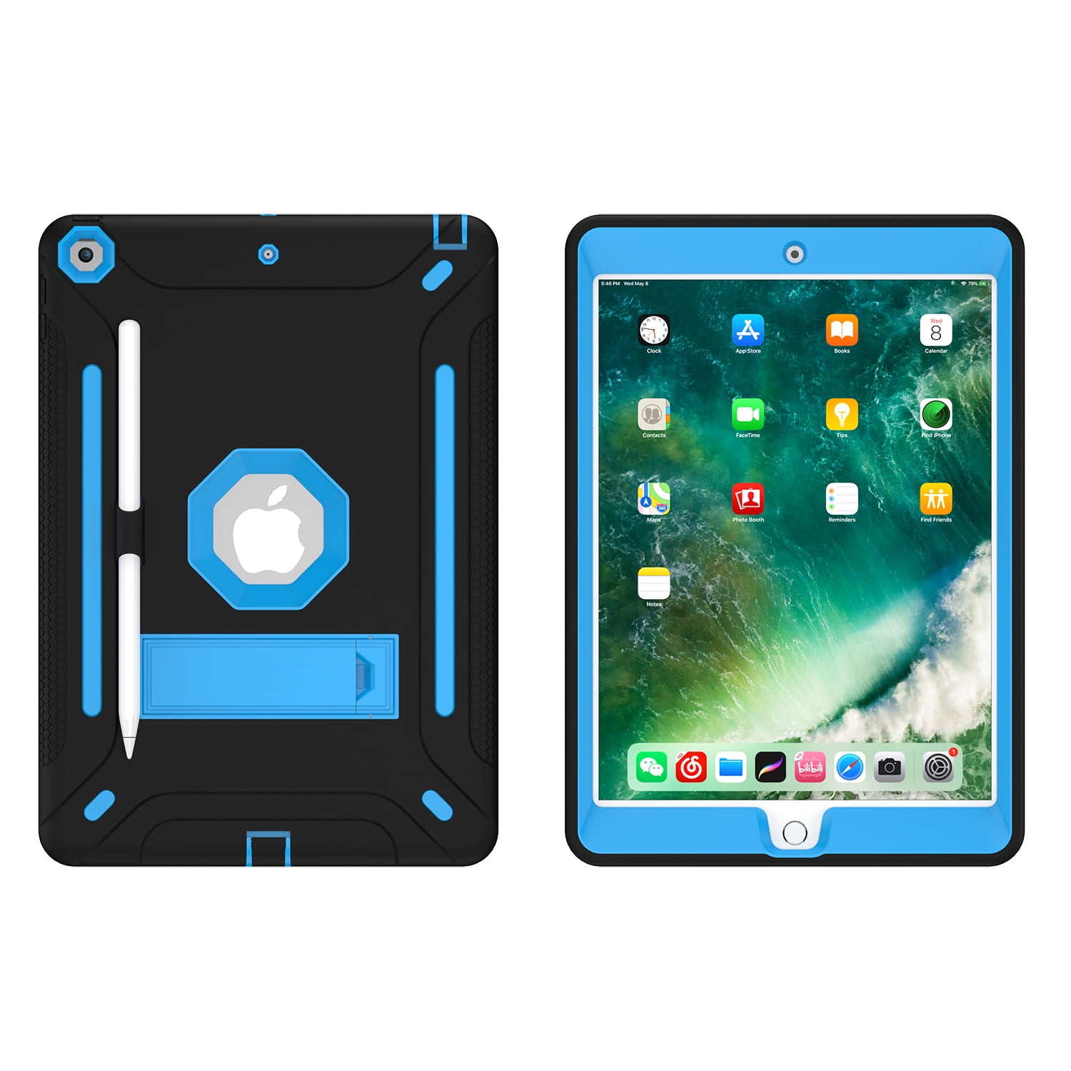 iPad Air 2 Case, iPad 9.7 Case 6th Generation, Dual Layer Shockproof Lightweight Hybrid Rugged Kickstand Protective Cover with Pencil Holder, Black/Blue