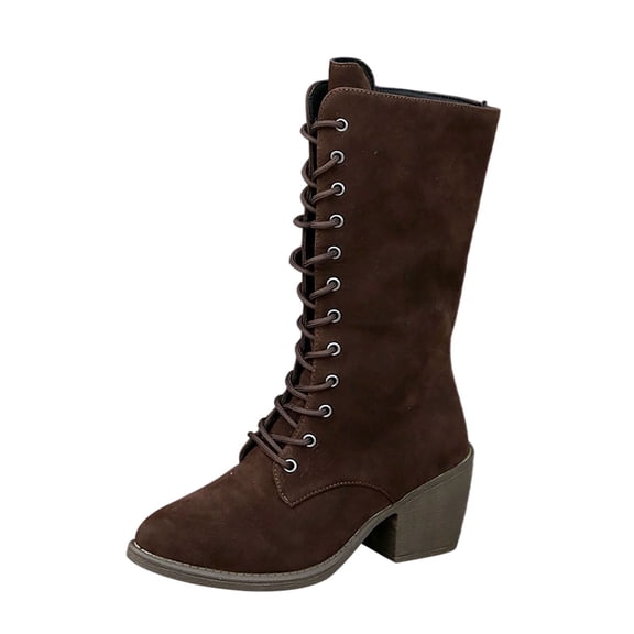 Xfvqtps Womens Fashion Lace up Mid Calf Boots Chunky Block Heel Booties Round Toe Suede Winter Boots for Women Comfortable Casual Shoes