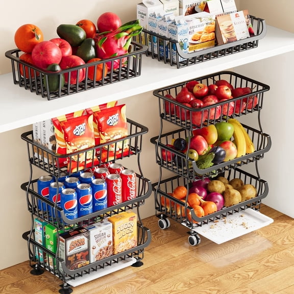 3 Tier Rolling Pantry Floor Organizers and Storage Cart with Wheels, Stackable Wire Fruit Basket Stand for Kitchen Organization, Three Tiered Pantry Storage Rack for Snack, Vegetable, Produce, Fruits