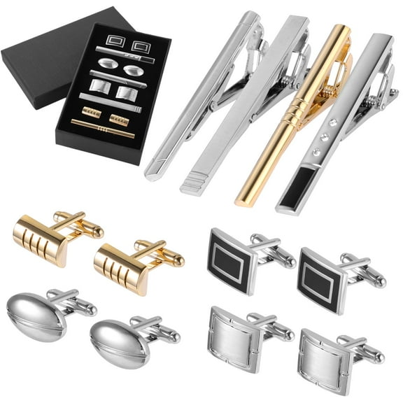 Tie Clips Cufflinks Set for Men, 4 Tie Clips & 4 Pairs Cufflinks, Silver and Golden Finish, Modern Styles, Robust Glossy Metal, Black Present Box Set for Father's Day, Valentine's, Birthday