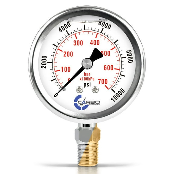 CARBO Instruments 2 1-2" Pressure Gauge, Stainless Steel Case, Chrome Plated Brass Connection, Lqiuid Filled, 10000 psi Lower Mount 1/4" NPT
