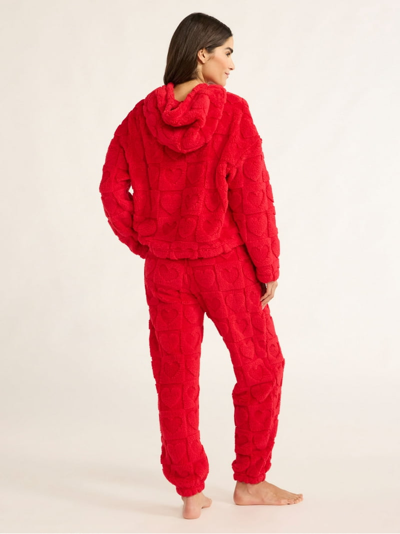 Joyspun Women's Embossed Plush Hoodie and Joggers Pajama Set, 2