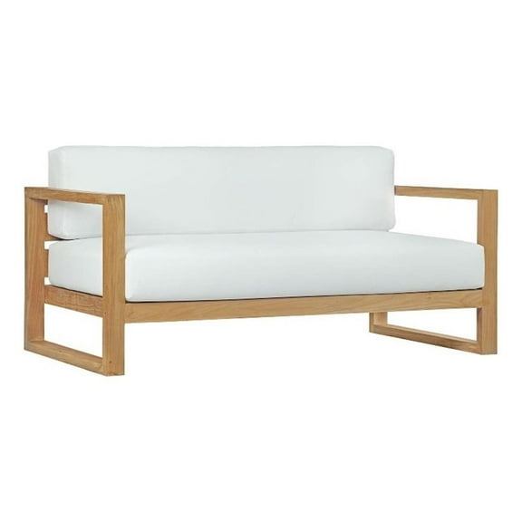 Pemberly Row Solid Teak Wood Outdoor Patio Sofa in Natural/White