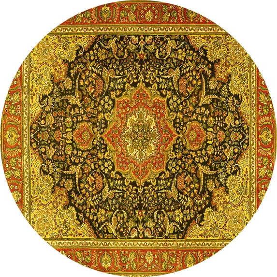 Ahgly Company Machine Washable Indoor Round Medallion Yellow Traditional Area Rugs, 7' Round