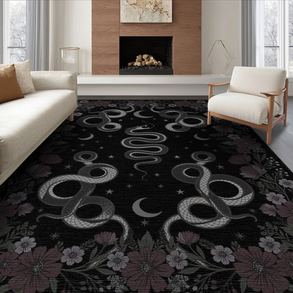 ODIKA 8'x10' Washable Area Rug Durable, Non-Slip Witchy Snake Moody Whimsical Boho Border Moth Witch Themed Gothic Flowing for Living Room, Under Sectional, Family