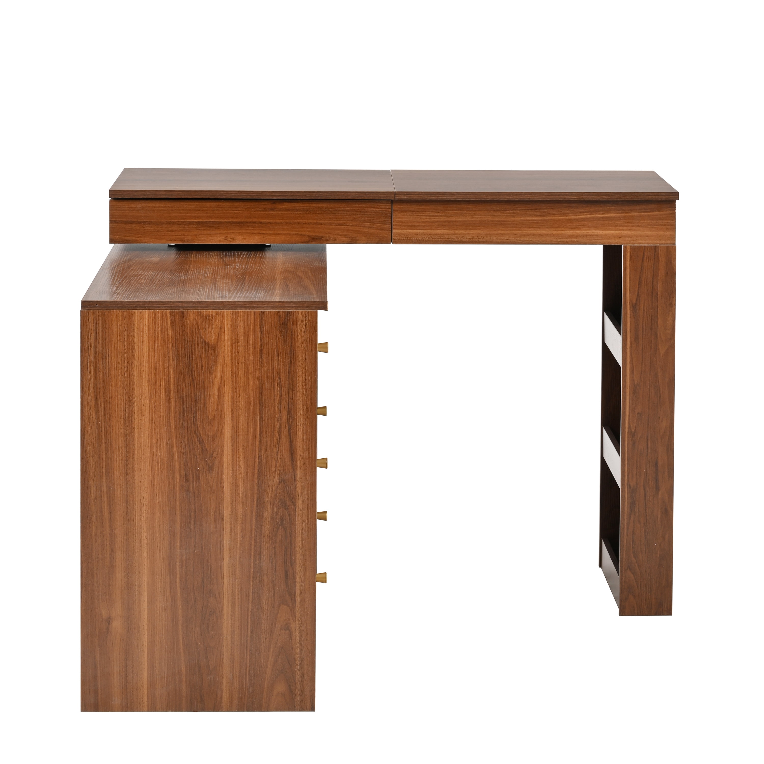 Aukfa Vanity Desk with Mirror,Flip-Top Tabletop & 7 Drawers, Corner Vanity Set, Walnut