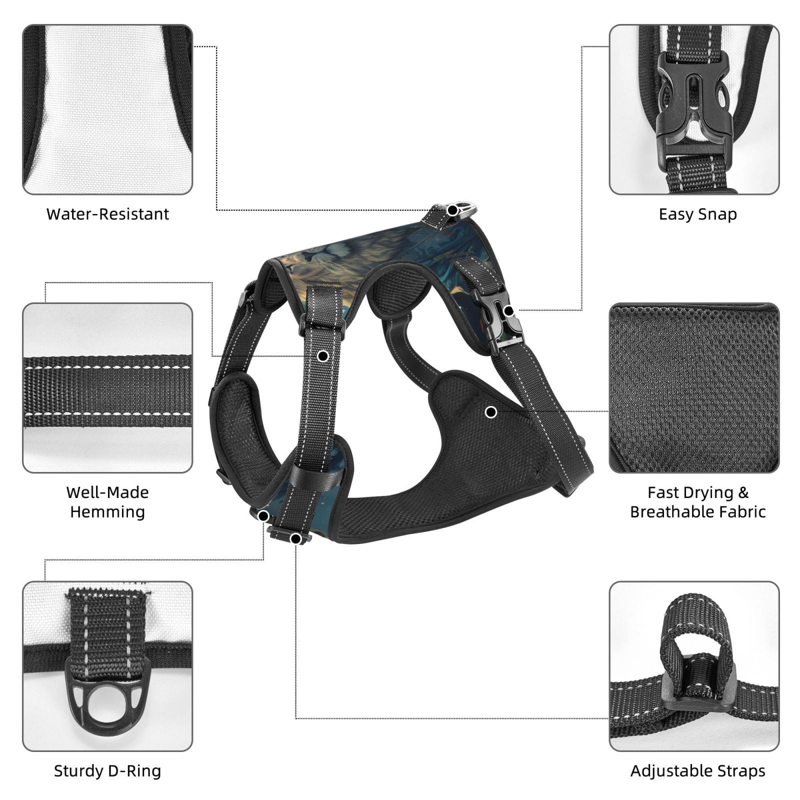 Vsdgher Starry Sky Meditating Lion Pattern Dog Harness,No Pull Pet Harness with Soft Padded Handle,Adjustable Reflective Vest with 2 Buckles,4 Slide Buckles,S-XL Small