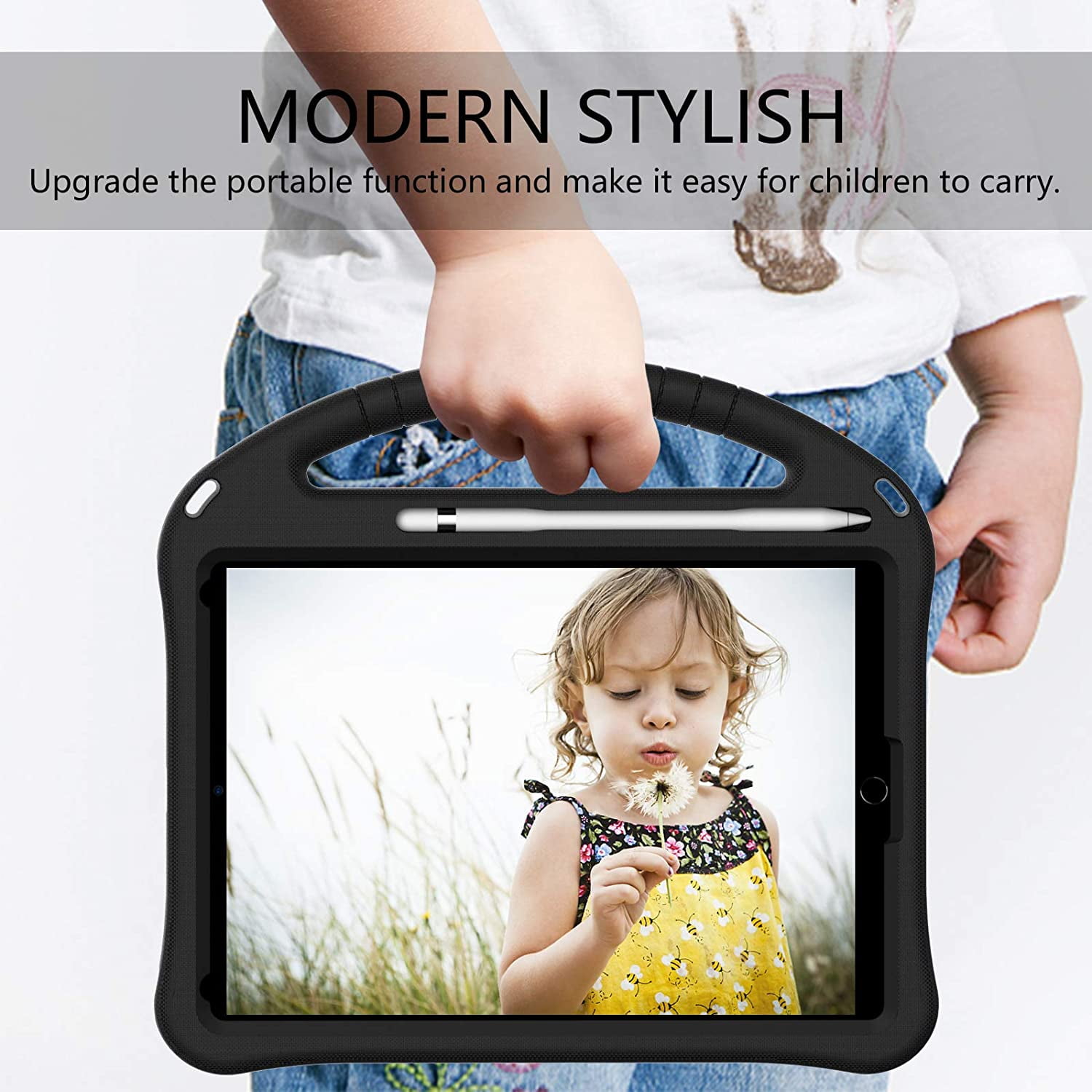 Cowithday Kids Case for iPad 9th/8th/7th Generation iPad 10.2 (2021/2020/2019) with Kickstand/Handle Stand/Pencil Holder [Screen Protector] Lightweight Soft EVA Foam Shockproof Cover Boy Girl,Black