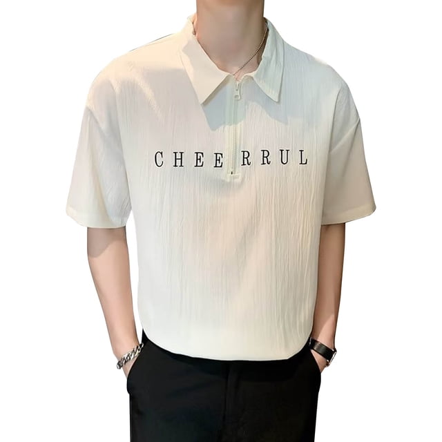 Camiseta estampada para hombre Cuello vuelto Media cremallera Patrón de letras Color liso Camisa ajustada holgada de manga corta