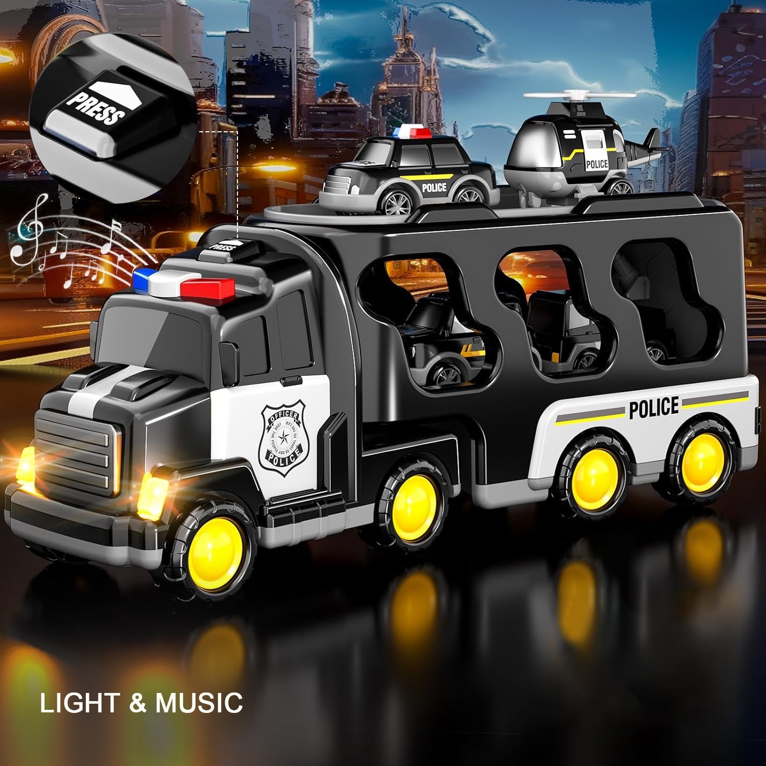 PayUSD Construction Toddler Police Truck Car Toys for 3 4 5 6 Year Old Boys 5 in 1 Construction Car Trucks Playset with Play Mat & Accesoories, Birthday Gifts for Toddlers Kids Boys Girls Age 3-5