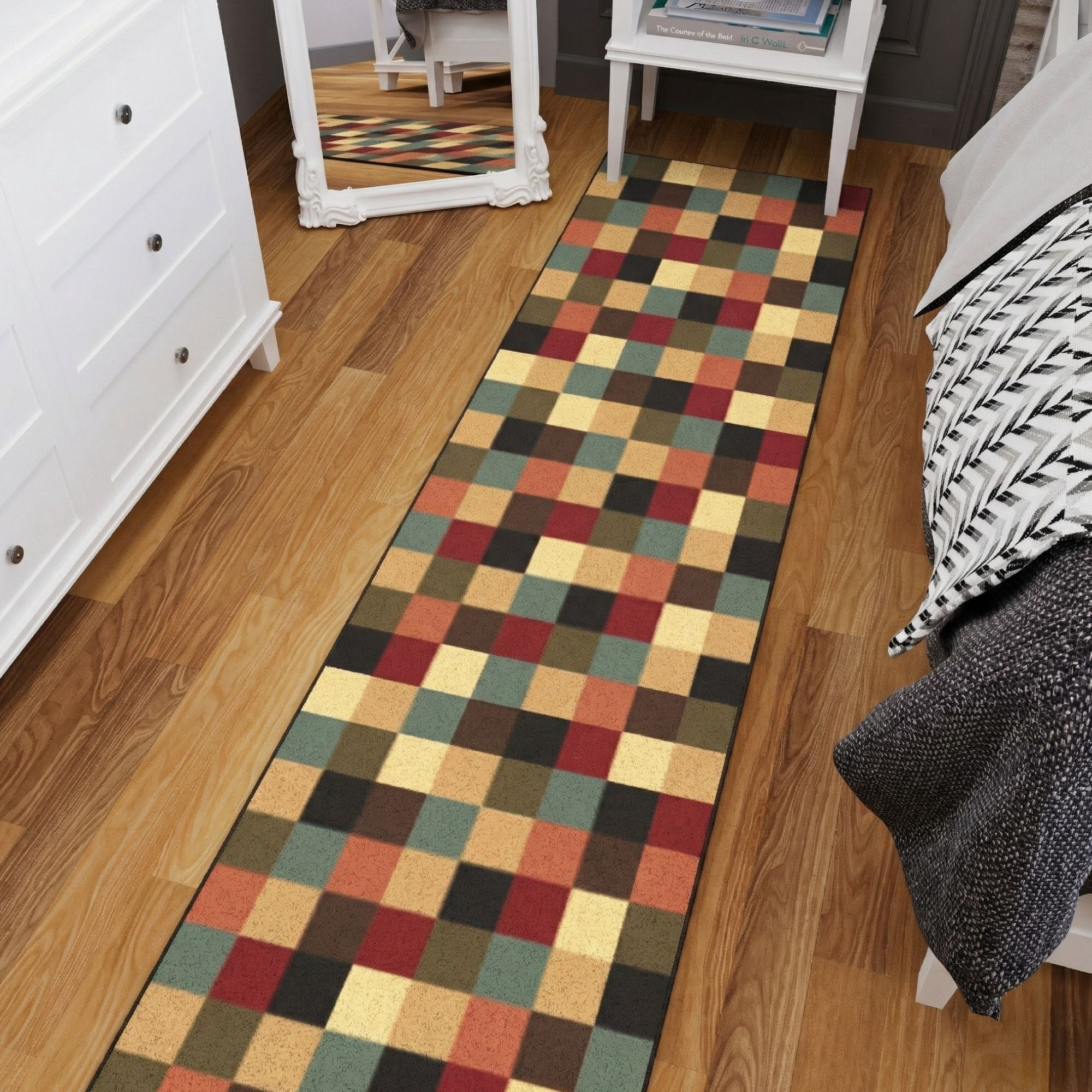 Ottomanson Extra Long Runner Rug 1'10.5" x 27' – Non-Slip Low Pile Hallway Carpet, Checkered Multicolor