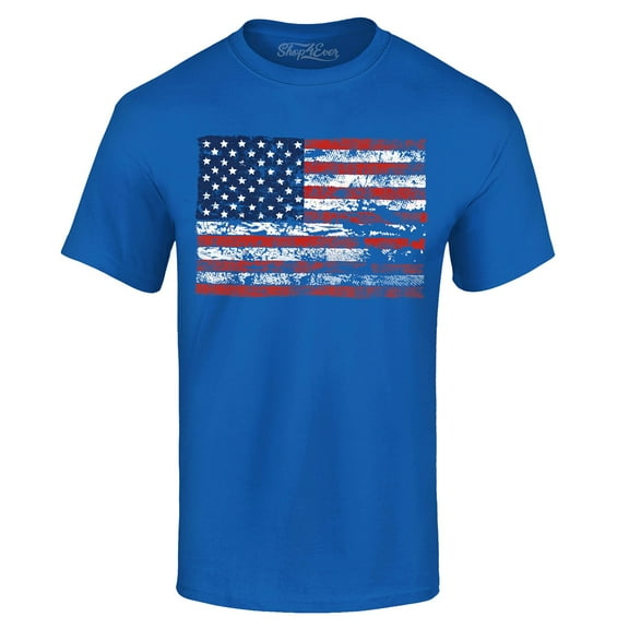 Shop4Ever Men's Distressed American Flag Horizontal USA Patriotic 4th of July Graphic T-shirt Large Royal Blue